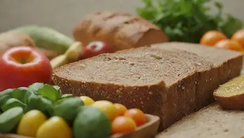 Granos, patrones inspirados en la naturaleza, arreglos alimenticios saludables, frutas y verduras coloridas, pan integral de grano, tazón nutritivo, hierbas frescas, verdes frondosos, un sentido de abundancia, iluminación suave, tonos cálidos