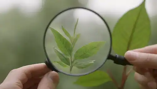Una persona que sostiene una planta con una lupa, un disparo de cerca del crecimiento del molde en una hoja, fondo borroso de un jardín o espacio interior, iluminación sutil y una suave niebla