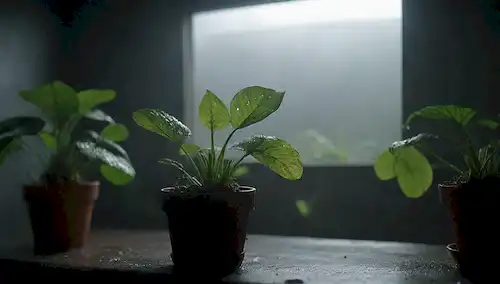 Un entorno interior húmedo, húmedo y húmedo, con unas pocas plantas en maceta dispersas alrededor, algunas con gotitas en sus hojas, otras con crecimientos fúngicos, rodeados de humedad del aire, atmósfera defectuosa y sombras sutiles