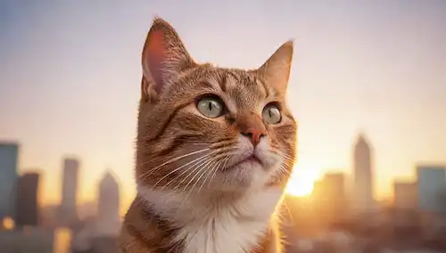 ilustración 3D de un gato curioso con alumnos verticales, mirando hacia arriba, frente a un paisaje urbano borroso al atardecer, rodeado de formas abstractas y patrones geométricos