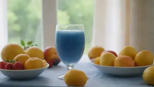 Una refrescante escena de verano con un vaso lleno de puré azul helado, rodeado de frutas coloridas, hierbas frescas y un mantel de lino, bajo luz natural filtrando a través de una ventana abierta