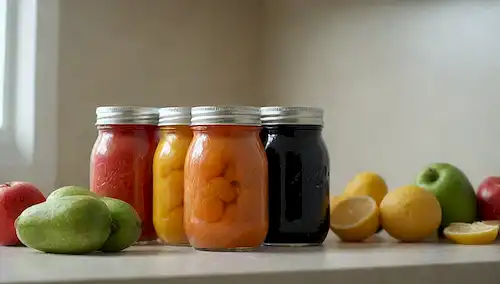Frutas y verduras frescas, colores vibrantes, frascos de vidrio con tapas, moderno escenario de mesa de cocina, iluminación suave, fondo mínimo, texturas naturales, ambiente calmante, arreglo acogedor, snacks saludables