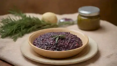 Una vida de estilo mediterráneo con un fondo rústico, con una placa de cerámica con acabado patina, sosteniendo un dollop de cinta de color púrpura oscuro rematada con aceitunas verdes, romeros frescos y sal marina desmoronada, contra un mantel beige cálido o color terracota