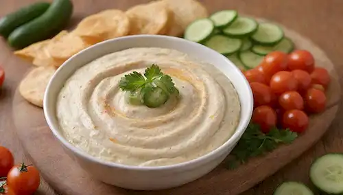 Una imagen vibrante y apetecible con una crema hummus dip con un diseño giratorio, rodeado de pepinos rebanados, tomates de cereza y rodajas de pan de pita, todo arreglado en una tabla de corte rústica de madera, adornado con un ramo de perejil fresco, enmarcado en un fondo amarillo cálido