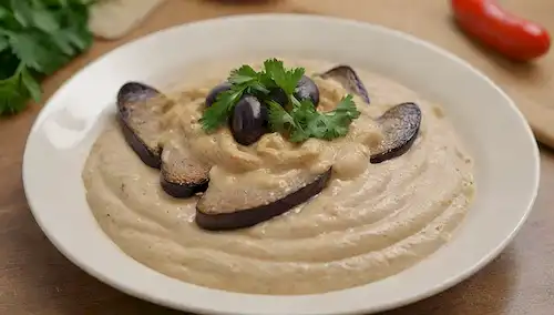 Un plato de nata Baba Ganoush con berenjenas asadas, rodeado de un gotero de tahini dorado y aceite de oliva, adornado con perejil fresco y chips de pita