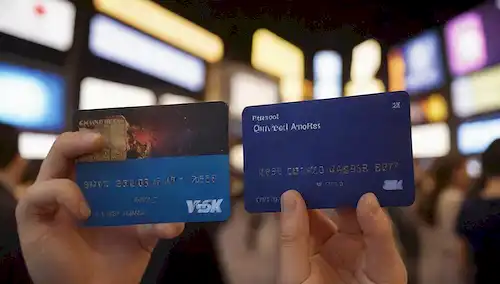 3 tarjetas bancarias a mano, pantallas digitales brillantes, símbolos globales visibles, diverso fondo multitud