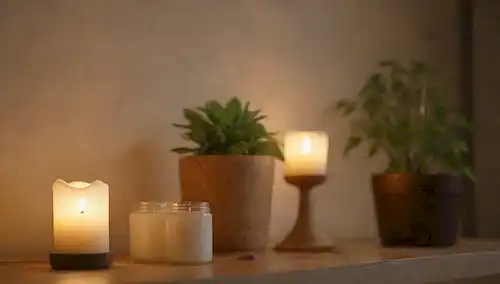 2 botellas con diferentes usos, una lámpara DIY, un difusor de aceite, una vela hecha de aceite reciclado, un dispensador de jabón, un planter de madera y una chimenea de viento