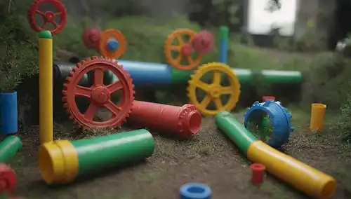 ilustración 3D de tubos de plástico y juguetes coloridos hechos de materiales de PVC reciclados, en medio de una mezcla de vegetación y elementos industriales como engranajes y maquinaria