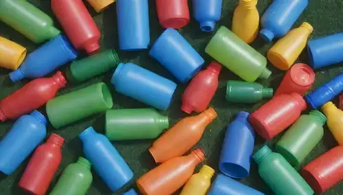 Collage of colorful plastic bottles