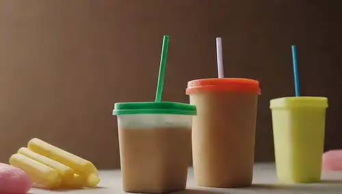 Cubos 3D hechos de espuma, contenedores de comida para llevar, botellas de plástico, bolsas, pajas y utensilios