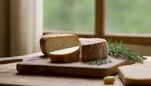 Una pila de quesos semicurados y curados surtidos en una tabla de corte de madera, con algunas hierbas frescas y rodajas de pan rústicos cercanas, iluminadas por luz natural suave desde una ventana o lámpara, con unas pocas protecciones estratégicamente colocadas como un cuchillo de queso y una perchera de alambre en el fondo