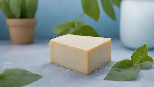 Un bloque de queso que se coloca en un congelador, rodeado de tonalidades azules y un efecto sutil de textura para transmitir frialdad, con un contenedor transparente o parcialmente transparente en el fondo para sugerir almacenamiento, junto con algunas hojas verdes frescas y/o flores para representar frescura y calidad natural, todo en contra de una paleta de color suave y muda