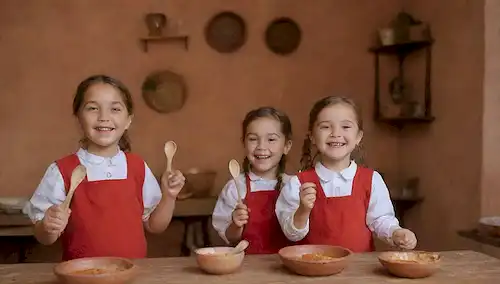 3-4 niños pequeños, con chalecos rojos y camisas blancas, sosteniendo cucharas de madera, de pie delante de una mesa rústica con un plato de plato tradicional español, sonriendo y riéndose juntos, rodeado de un fondo cálido y acogedor con colores naturales, como macetas de terracota, utensilios de madera y accesorios vintage