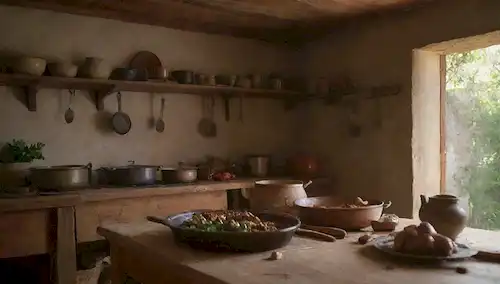 Una escena cálida y acogedora con una cocina rústica española, vigas de madera, utensilios antiguos, vasos de cocina anticuados y cocina tradicional de la región de Extremadura, posiblemente con un enfoque central en una comida abundante que se prepara o se sirve en una mesa de madera, rodeada de exuberante vegetación y elementos naturales