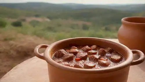 Un guiso abundante, carne dorada, salsa rica, verduras tiernas, maceta de barro rústico, paisaje español, cálida luz del sol, ambiente acogedor, aroma acogedor, y unos pocos wisps de vapor
