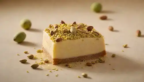 Un fondo cálido y dorado, unos cuantos pistachos frescos diseminados a través, una delicada pastelería siendo levantada con una espátula, un toque de frosting cremoso en la parte superior, iluminación suave enfatizando texturas, un efecto sutil gradiente para evocar un sentido de lujo, una composición minimalista centrada en el postre central