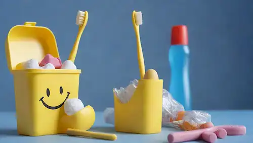 2 cepillos de dientes, descartados en un contenedor amarillo, rodeado de materiales reciclables como botellas de plástico, latas y cajas de cartón, con una sonrisa sutil o un toque de un símbolo de reciclaje, contra un fondo azul limpio con enfoque suave para transmitir importancia