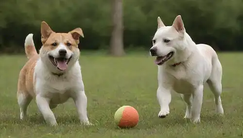 3 perros y 1 gato en varios tamaños y razas jugando con una bola o juguete juntos