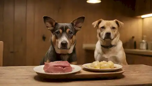 2 perros sentados sobre una mesa, uno que sostiene un plato con atún y patatas en la pata, otro perro que mira curioso cerca, iluminación caliente, fondo de madera, cocina rústica sentir