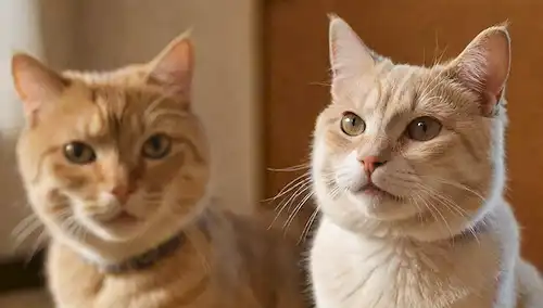 2 mascotas (perro y gato), edad alta, varios colores, expresión suave, disparo de cerca, luz de fondo caliente, área borrosa fuera de foco alrededor de ellos, texturas naturales (fur, piel), sonrisa sutil