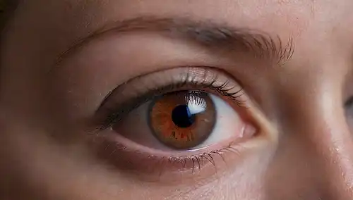Una toma de cerca de un ojo de personas con un párpado rojo y hinchado, una fuente de luz cálida en el fondo, un médico borroso o figura de enfermera en la esquina, un sutil gradiente de colores para transmitir un sentido de preocupación y atención