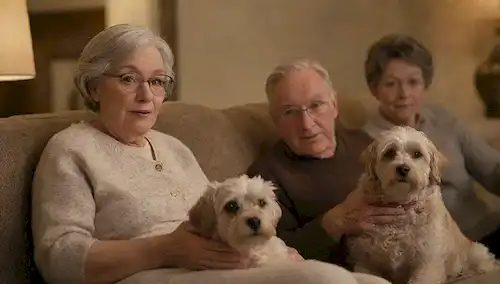 Una suave pareja de edad sentada en un sofá, rodeada de perros curdos, con un ambiente cálido y acogedor salón, con muebles de madera, alfombras de felpa, e iluminación suave, con sutiles toques de edad (pelo gris, arrugas) y experiencia (leer gafas), transmitiendo un sentido de sabiduría y compañía