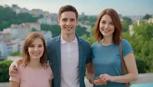Una pareja sonriendo, sosteniendo una llave de la casa, de pie frente a un paisaje urbano colorido, con una maleta o cajas cercanas, transmitiendo felicidad y transición, frente a un cielo azul brillante, con sombras sutiles y cálida iluminación, rodeado de exuberante vegetación
