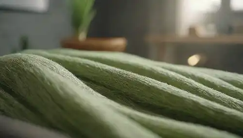Fabricación 3D de producción sostenible de ropa, fibras, materiales naturales y sintéticos, hilos tejidos, hilados girando, tejidos desplegándose, elementos ambientales como plantas y flores circundantes, iluminación suave, tonos verdes dominando, textura y detalles del patrón, pliegues suaves y cortinas, composición minimalista