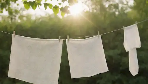 Greenery, fibras naturales, algodón orgánico, telas sostenibles, ropa ecológica, tendedero, brisa suave, sol filtrando a través de hojas, enfoque suave