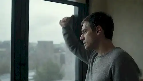 Una persona con un aspecto de frustración, de pie frente a una ventana con ruidoso entorno exterior, manos en las orejas, rodeada de ilustraciones de ondas sonoras, con un fondo débil de un edificio residencial, y un sutil toque de símbolos de reducción de ruido