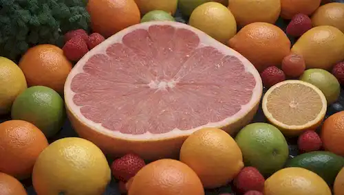 ilustración 3D de un estómago con un resplandor sutil, rodeado de frutas y verduras como limones, naranjas y bayas, con burbujas que suben del estómago para representar alivio y comodidad