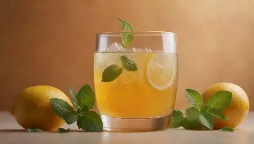Un vaso lleno de zumo de fruta, una pequeña rodaja de limón o naranja flotando en la parte superior, rodeado de algunas ramitas de hojas frescas de menta, un fondo de tono cálido con textura sutil, una fuente de luz suave de arriba, unas cuantas burbujas subiendo del líquido para crear interés visual
