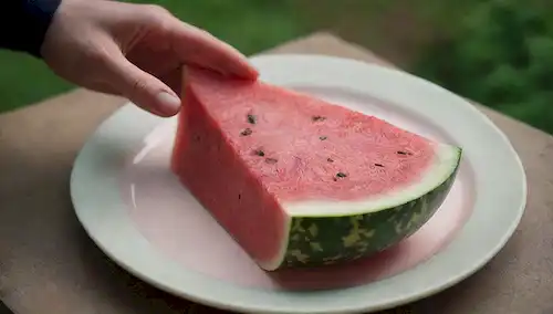 Una foto de un plato de sandía cortada, con unas cuantas piezas ligeramente levantadas, y una sutil insinuación de malestar en el entorno circundante, como una sombra débil o un objeto poco claro en el fondo, sugiriendo la contaminación potencial; una mano que llega hacia el melón, implicando la ingestión accidental; una luz suave y cálida para transmitir un sentido de peligro y preocupación