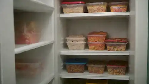 Un congelador en una cocina con su puerta abierta, revelando una variedad de comidas congeladas y sobras; unos pocos artículos son ligeramente descongelantes en la plataforma superior; un familiar en el fondo retumba a través del contenido para salvar alimentos comestibles; una luz débil brilla desde dentro de los congeladores interiores