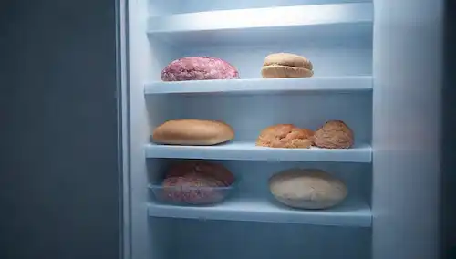 una puerta congeladora cerrada, interior helada, iluminada por luz azul suave, con contenido de alimentos congelados en contenedores transparentes visibles a través de una pequeña ventana, y un débil olor a frescura