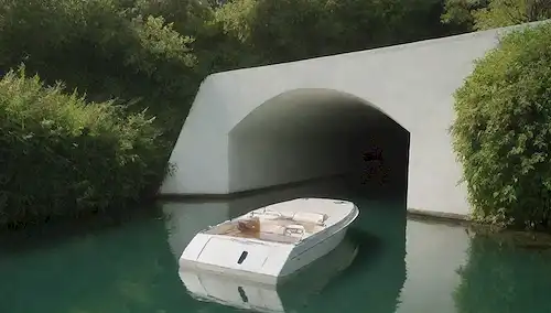 Un barco blanco con una estrecha apertura tipo túnel en su lado, rodeado de agua tranquila y exuberante vegetación, con la luz solar filtrando por encima, destacando el diseño elegante de los barcos y la simplicidad