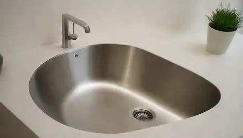 Un fregadero de acero inoxidable con un diseño curvado, con un chorro y mango curvado, rodeado de una pared blanca o blanca, posiblemente con algunos elementos decorativos como un pequeño pote de planta o toalla El fregadero está lleno de agua a aproximadamente un nivel de cuarto, creando ondas en la superficie