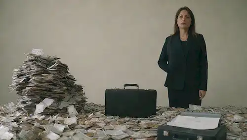 Una persona rodeada de monedas, papeles y un reloj, con una expresión estresada, de pie frente a un montón de deuda, con un maletín o maleta cerca, quizás parcialmente abierta para revelar una pila de cuentas o documentos