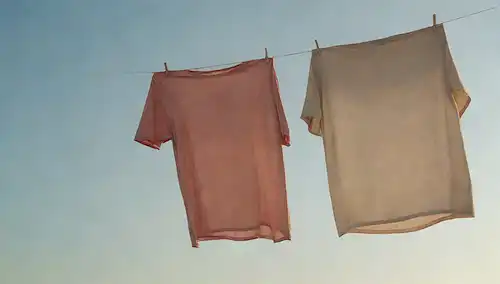 Ropa suavizada colgando en una línea, arrugas suavizadas, brisa suave soplando, fondo sereno, ambiente calmante, colores sutiles gradientes