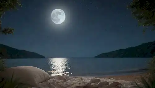 Un tranquilo paisaje nocturno con una luna llena brillando brillantes, suaves olas a la orilla, unas cuantas estrellas se regodean en el cielo, un sereno lago o océano en el fondo, una suave brisa frotando a través de exuberante vegetación, unas cuantas almohadas y una acogedora manta acostada en la playa, un ambiente tranquilo