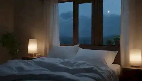 Una persona que duerme tranquilamente en una cama cómoda, con almohadas y sábanas suaves; una habitación oscura con una luz de luna sutil filtrando a través de las cortinas; unas cuantas nubes hinchadas que se arrastran perezosamente por un cielo claro afuera; una brisa suave frotando algunas plantas cercanas; colores calmantes como azules y blancos dominando la escena