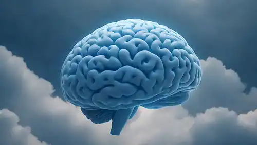 Un cerebro sereno y pacífico con una expresión tranquila, rodeado de nubes giratorias, que representan el sueño profundo; un brillo suave y azul que emana desde dentro, simbolizando la protección de la memoria; hilos suaves y brillantes que conectan con flores o hojas cercanas, sugiriendo conexiones entre neuronas y caminos neuronales; colores sutiles y soñados evocando un sentido de tranquilidad