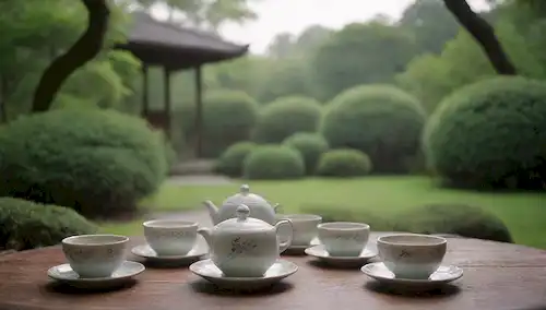 Un sereno jardín japonés con un set tradicional de té, una mesa de madera rústica y unas tazas delicadas, rodeado de exuberante vegetación, con un ligero toque de luz de la mañana desdichada, que transmite tranquilidad y sencillez