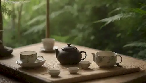 Un ambiente sereno de inspiración japonesa con una tetera cerámica de vapor