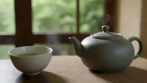 Teteras de vapor, delicadas tazas de cerámica, ceremonias de té intrincadas, kimonos tradicionales japoneses, wisps de vapor, iluminación suave, ambiente tranquilo, vegetación exuberante, sombras sutiles, enfoque suave