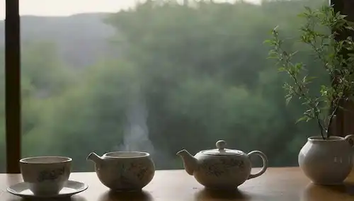 Un paisaje sereno estilo japonés con una tetera de vapor, delicadas tazas de cerámica, y algunas hojas o flores verdes, posiblemente con una planta de té Sencha en flor, subtly iluminada con luz natural