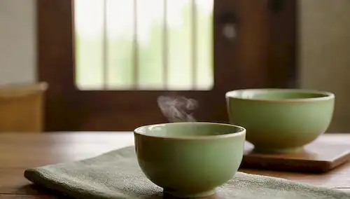 Tazones de té verde de vapor, mesa de madera rústica, delicadas tazas de cerámica, iluminación natural sutil, toallas de patrón de inspiración japonesa, aumento de vapor brillante, enfoque suave en las hojas de té, tonos de color cálido, sombras suaves