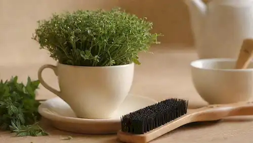 3 tazas de té, verde y negro, con un peine y un cepillo cerca, rodeado de hierbas frescas como la menta y la manzanilla, con un beige cálido o fondo de madera