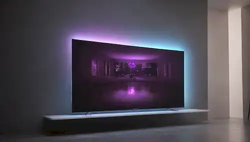 TV LED 3D con líneas elegantes, diseño futurista, acabado brillante, múltiples colores y tonos, curvas sutiles, soporte minimalista, tamaño compacto, controles de alta tecnología