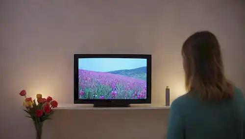 Una persona con un elegante y moderno televisor con un fondo minimalista, con colores vibrantes e iluminación suave, posiblemente rodeada de elementos decorativos como flores o ornamentos